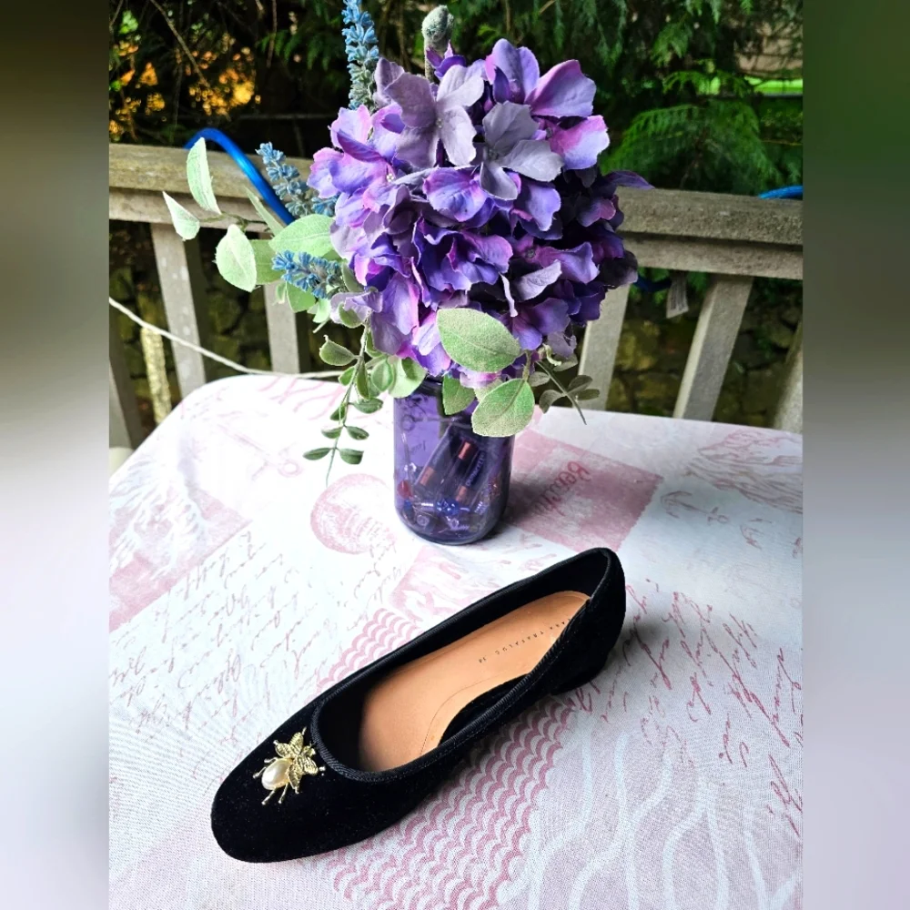 Zara Beetle Embelished Velvet Faux Pearl Ballet Flats in Black